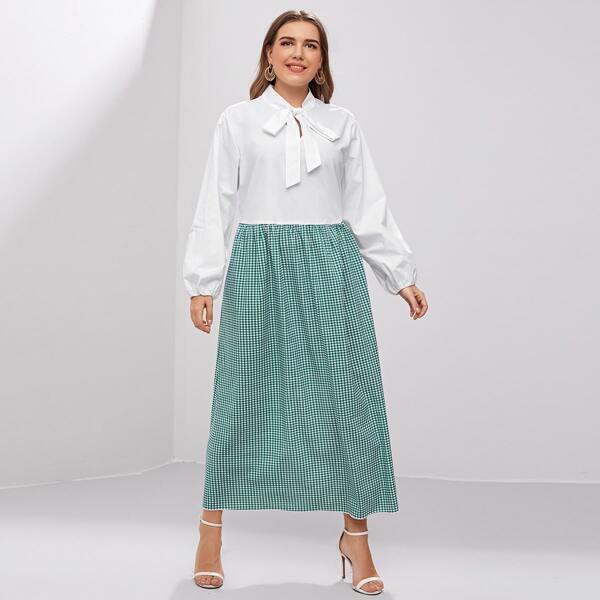 

Plus Contrast Gingham Tie Neck Smock Dress, Blue and white