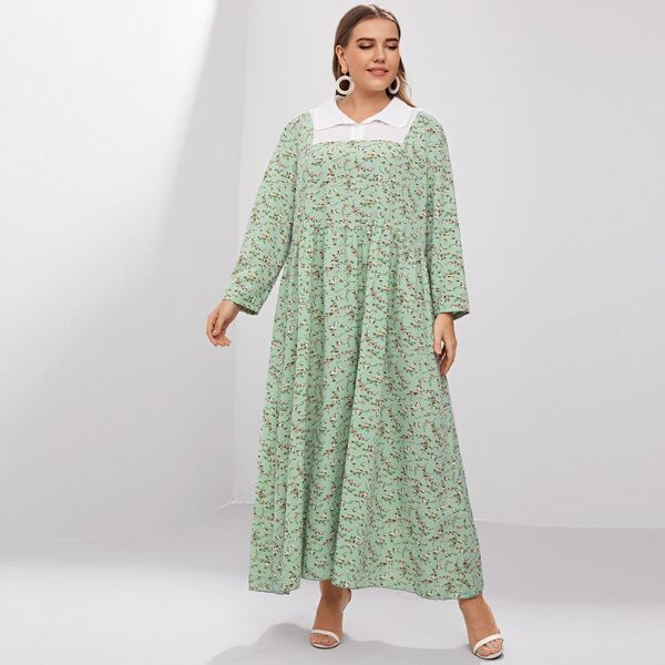 

Plus Contrast Panel Ditsy Floral Smock Dress, Mint green