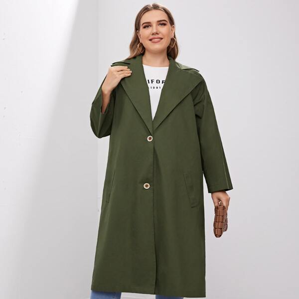 

Plus Lapel Collar Single Breasted Coat, Army green