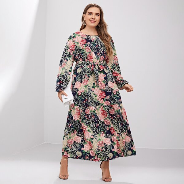 

Plus Floral Print Belted Dress, Multicolor