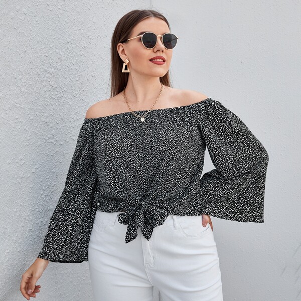 

Plus Dalmatian Print Knot Hem Bardot Blouse, Black
