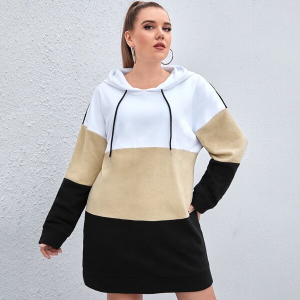 

Plus Cut And Sew Drawstring Hooded Sweatshirt Dress, Multicolor