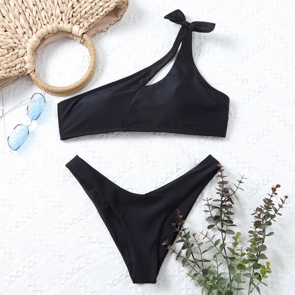 

Cut-out One Shoulder Bikini Swimsuit, Black
