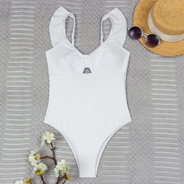 

Ruffle Trim Keyhole Front One Piece Swimsuit, White