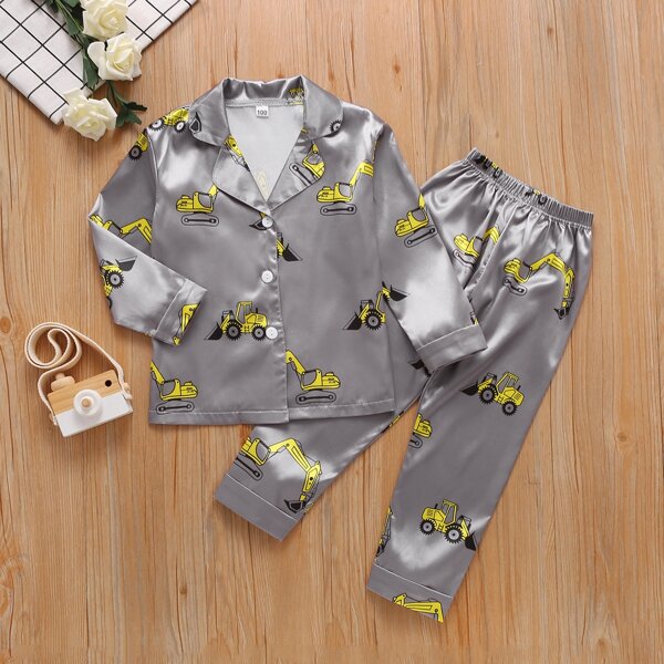 

Toddler Boys Lapel Collar Cartoon Graphic Satin PJ Set, Grey