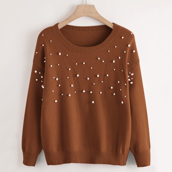 

Plus Pearls Beaded Drop Shoulder Sweater, Brown