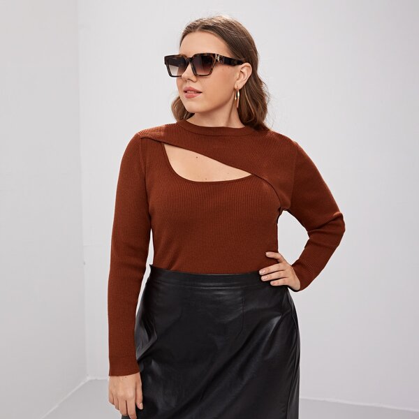 

Plus Cut Out Front Ribbed Knit Sweater, Brown