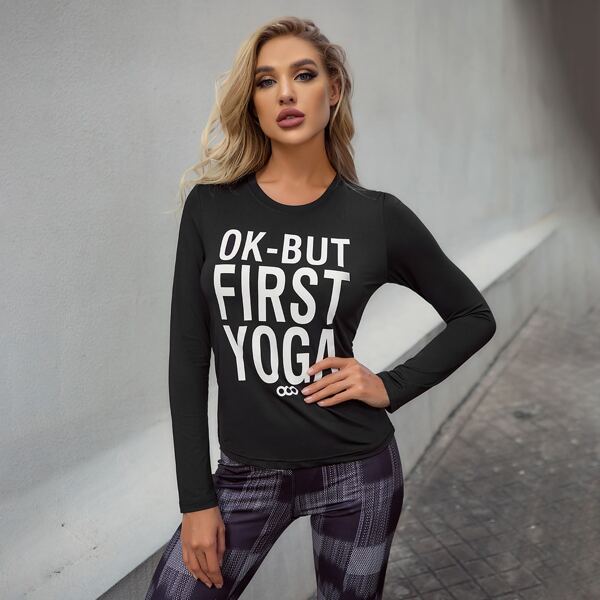 

Slogan Graphic Long Sleeve Sports Tee, Black