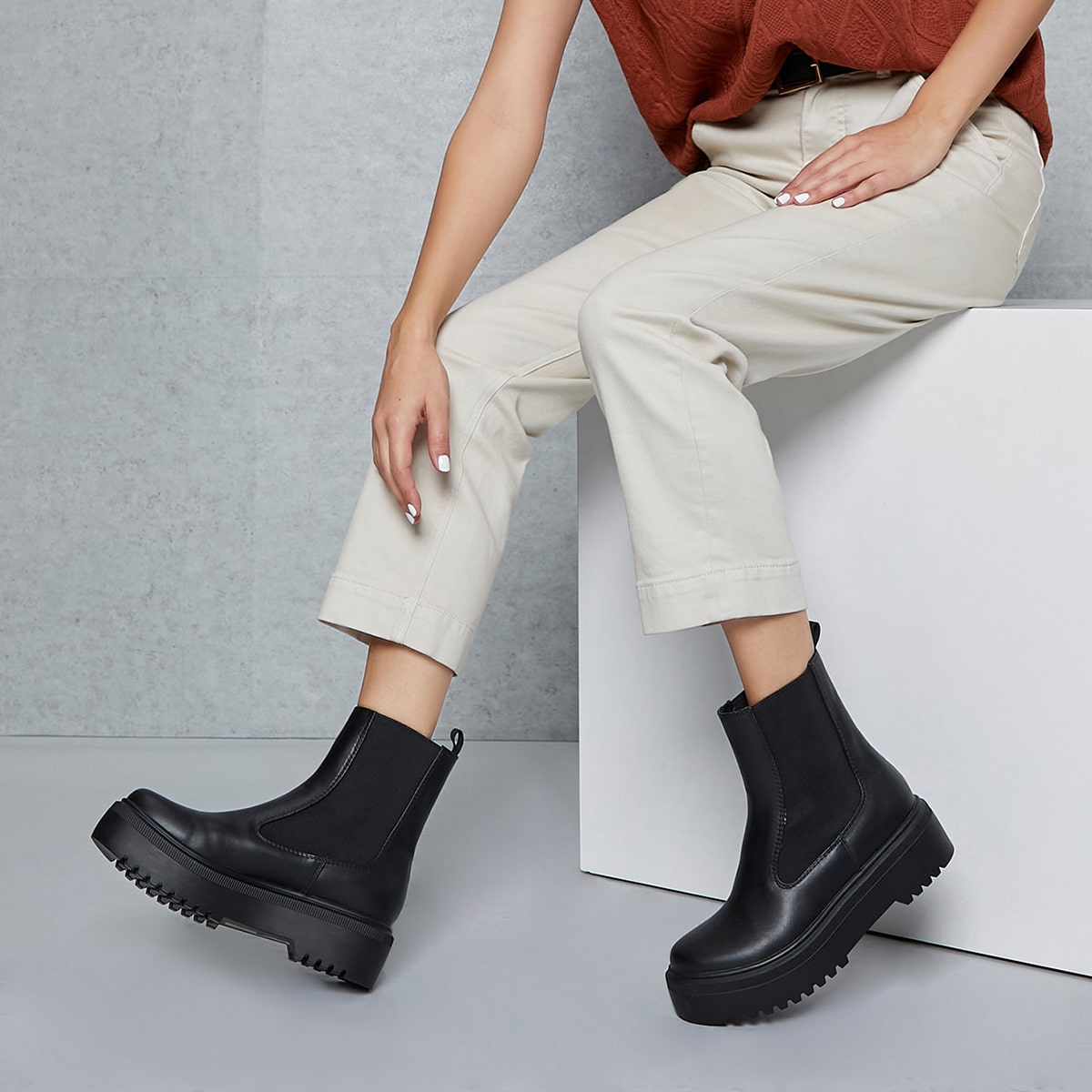 Image of Faux Leather Lug Sole Ankle Chelsea Boots