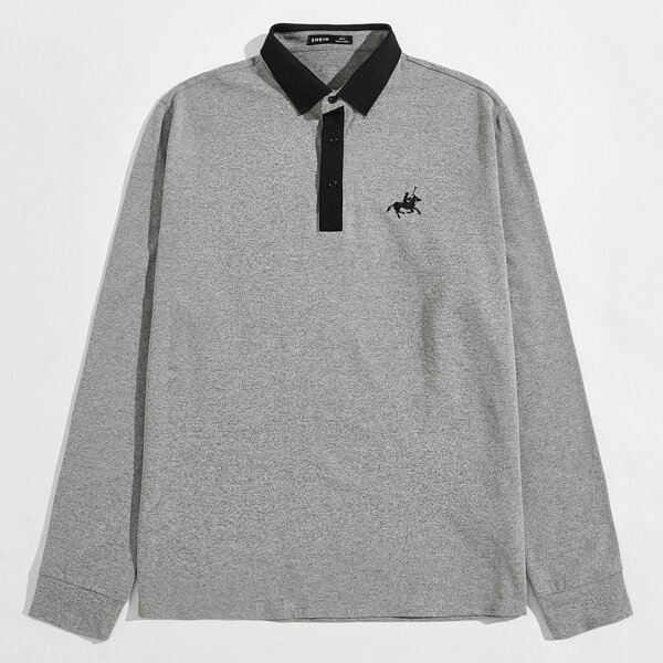 

Men Embroidery Detail Polo Shirt, Grey