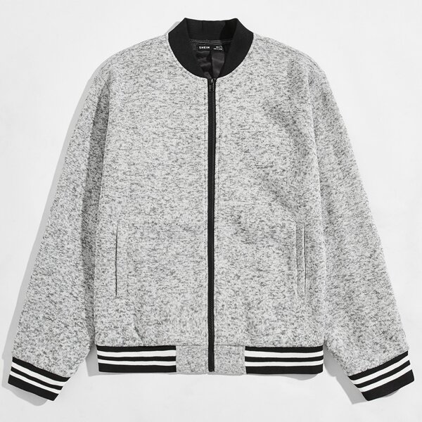 

Men Striped Trim Zip Up Bomber Jacket, Light grey