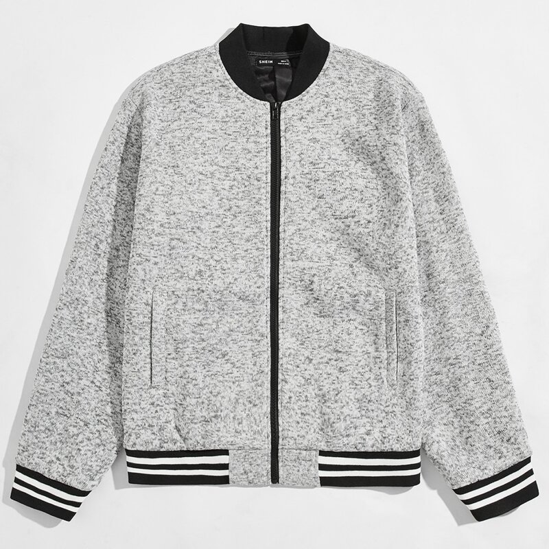

Guys Striped Trim Zip Up Bomber Jacket, Light grey