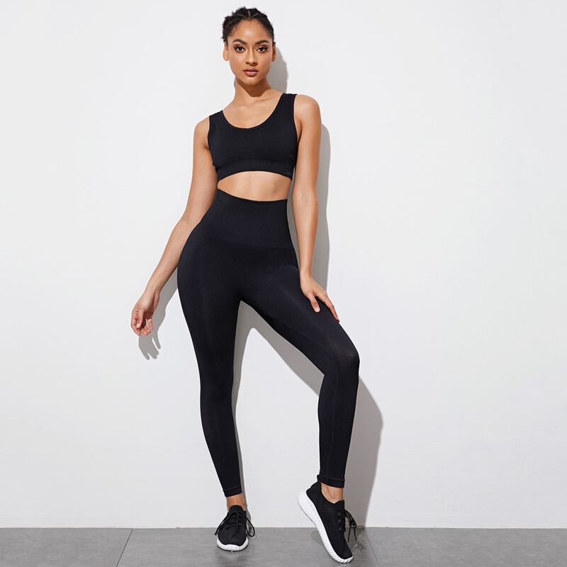 

Solid Sports Bra & Wide Band Waist Leggings Sports Set, Black