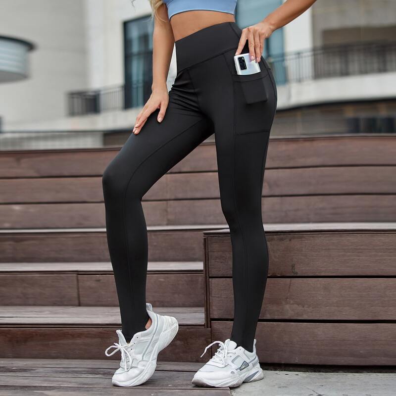 

Wide Band Waist Stirrup Sports Leggings With Phone Pocket, Black