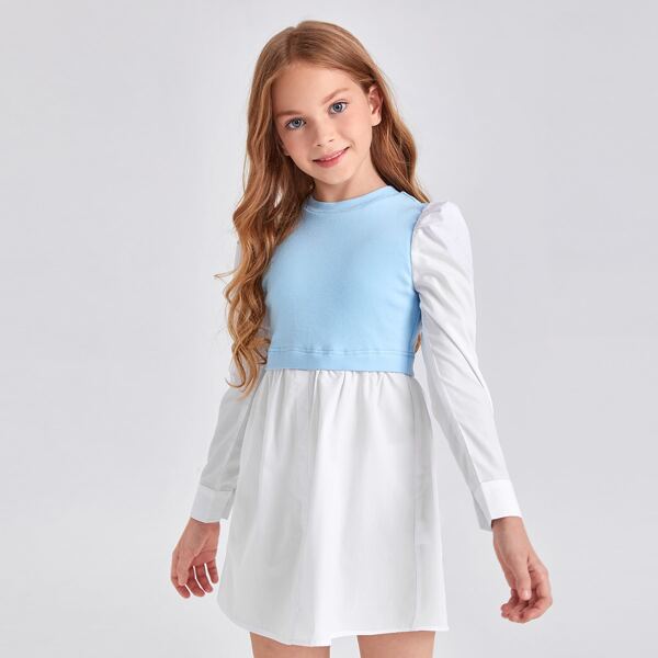 

Girls Color Block Gigot Sleeve Dress, Blue and white