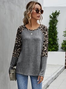 SHEIN LUNE Contrast Leopard Raglan Sleeve Tee - Grey - View 4