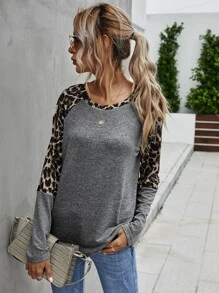 SHEIN LUNE Contrast Leopard Raglan Sleeve Tee - Grey - View 6