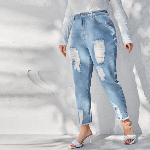 

Plus Raw Hem Ripped Carrot Jeans, Light wash
