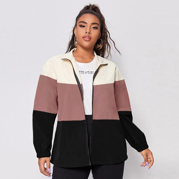 

Plus Cut And Sew Drawstring Zip Up Jacket, Multicolor