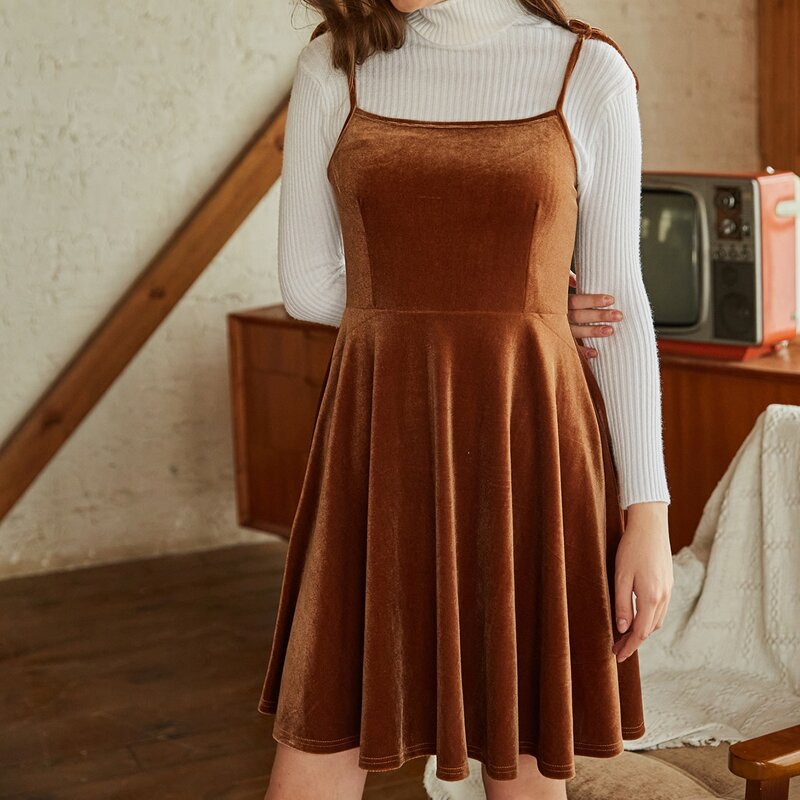 

Velvet Cami Flared Dress, Brown