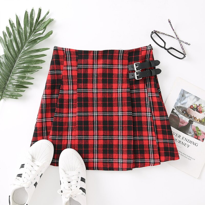 

Buckle Gingham Pleated Skirt, Multicolor