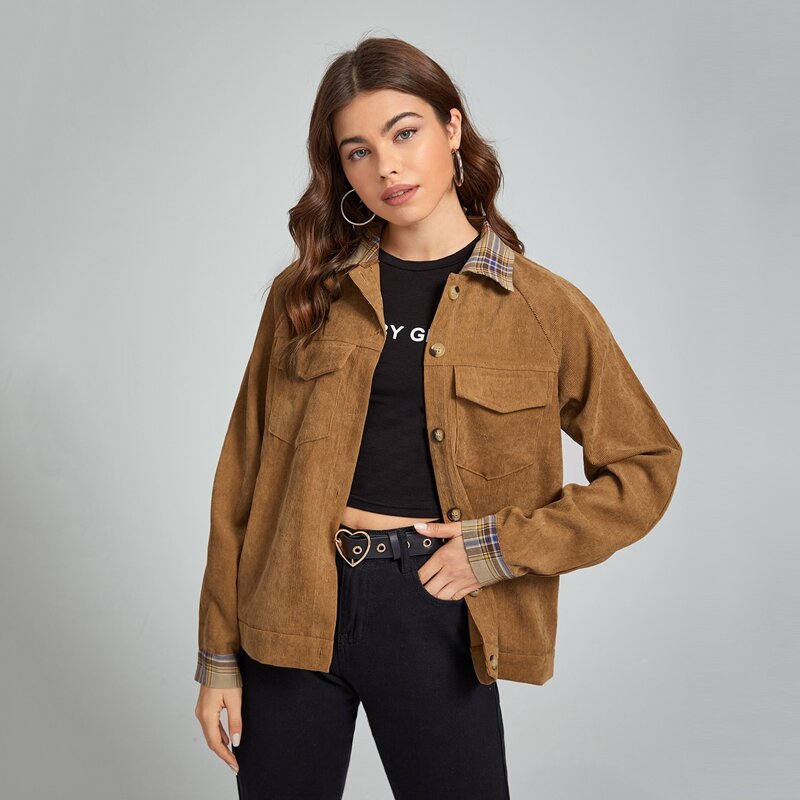 

Flap-Pocket Contrast Plaid Corduroy Jacket, Brown