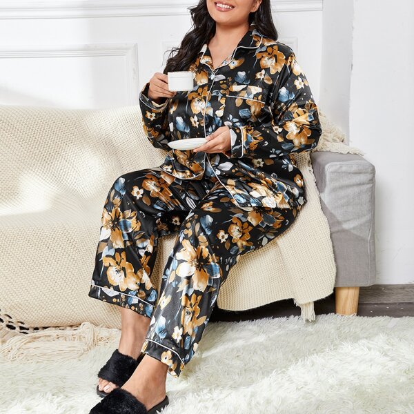

Plus Floral Print Satin PJ Set, Multicolor