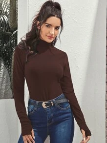 Camiseta con agujeros de pulgar de cuello alto unicolor - Marrón Chocolate - Ver 5
