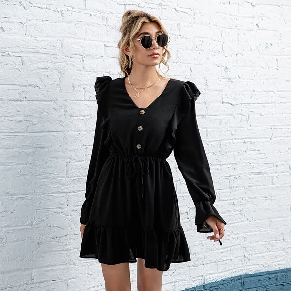

Ruffle Trim Drawstring Waist Dress, Black