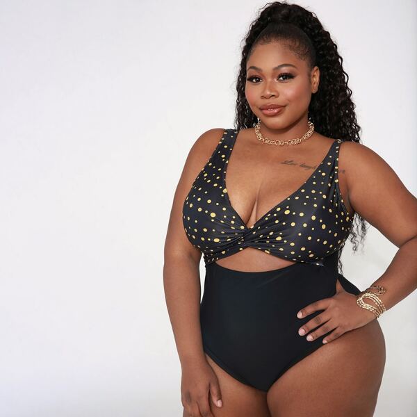 

Plus Polka Dot Twist One Piece Swimsuit, Black