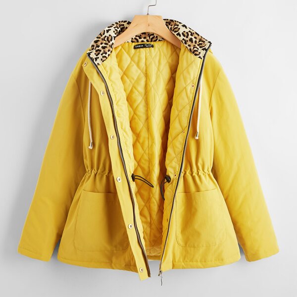 

Contrast Leopard Patch Pocket Hooded Padded Coat, Yellow
