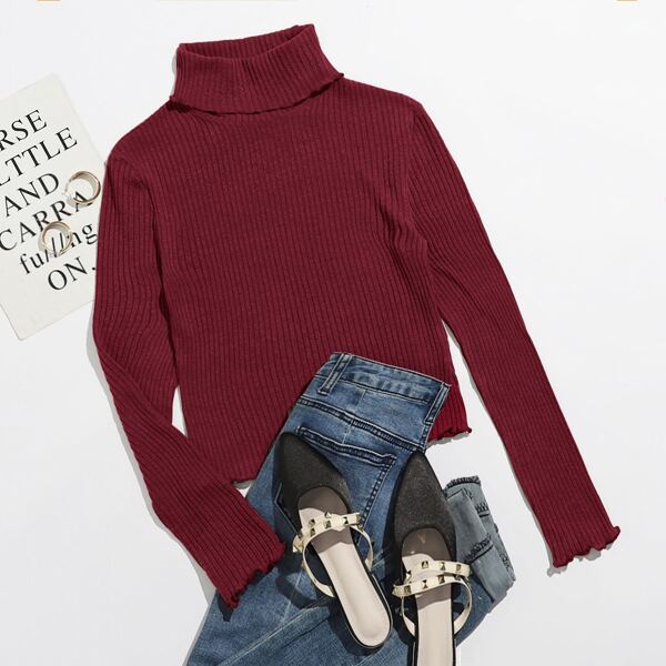 

Funnel Neck Lettuce Trim Rib-knit Top, Burgundy
