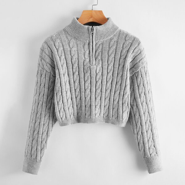 

Plus Zip Half Placket Cable Knit Sweater, Grey