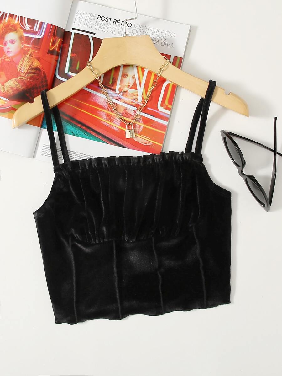 SHEIN EZwear Plus Ruched Bust Velvet Crop Cami Top - Black - View 1