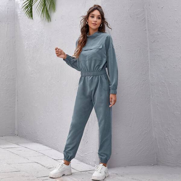 

Solid Flap Pocket Sweatshirt With Sweatpants, Dusty blue