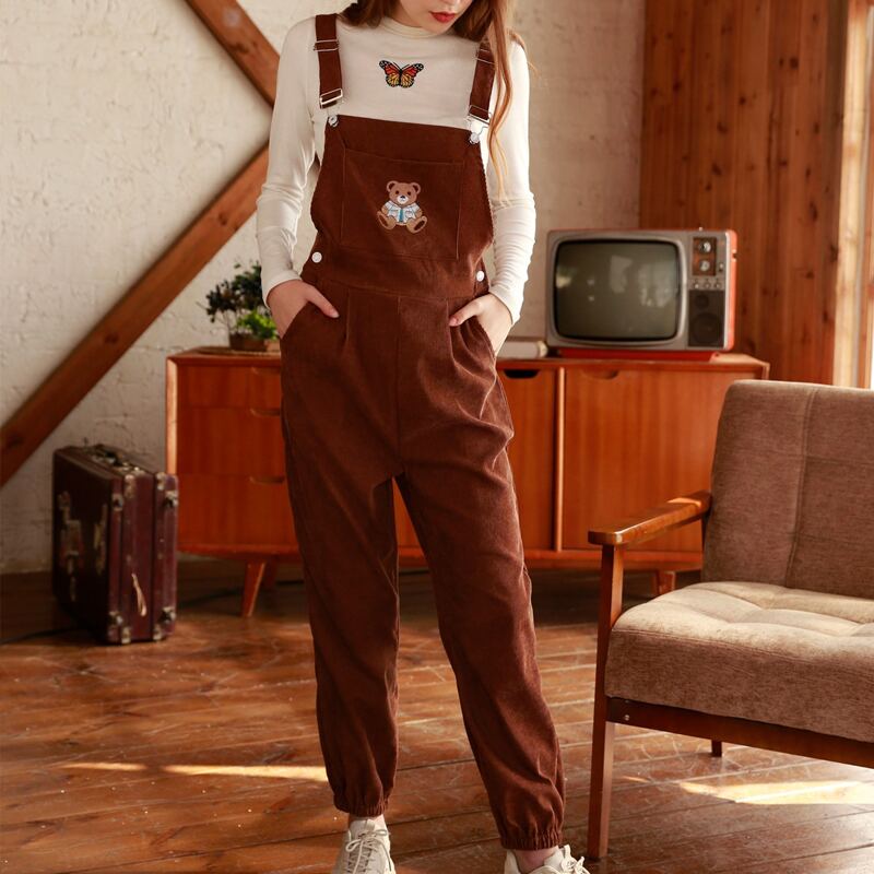 

Cartoon Bear Corduroy Overall Jumpsuit, Brown