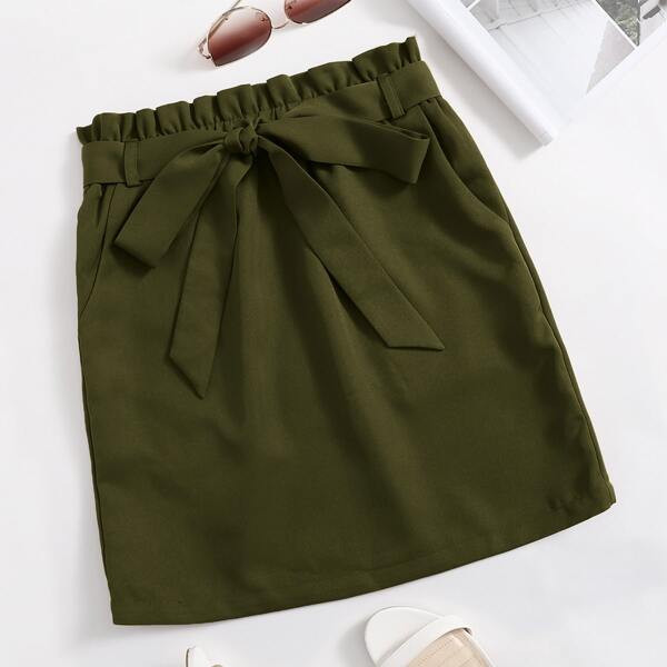 

Paperbag Waist Slant Pocket Belted Skirt, Olive green