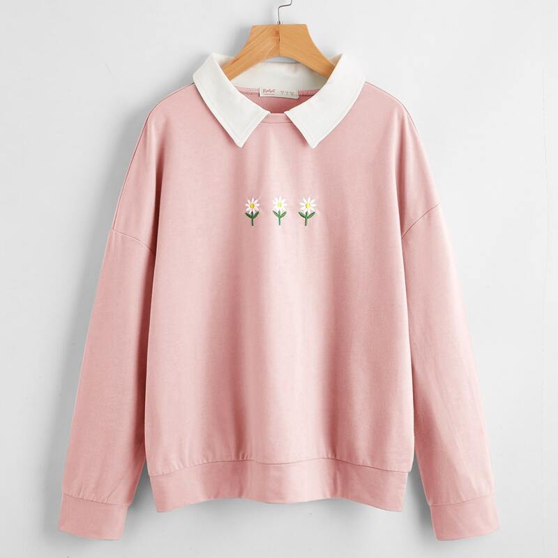 

Contrast Collar Flower Embroidery Sweatshirt, Baby pink