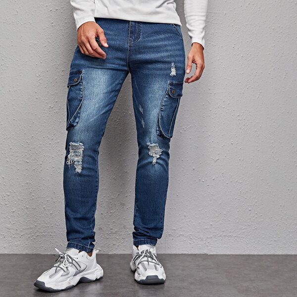 

Men Ripped Flap Pockets Cargo Jeans, Dark wash