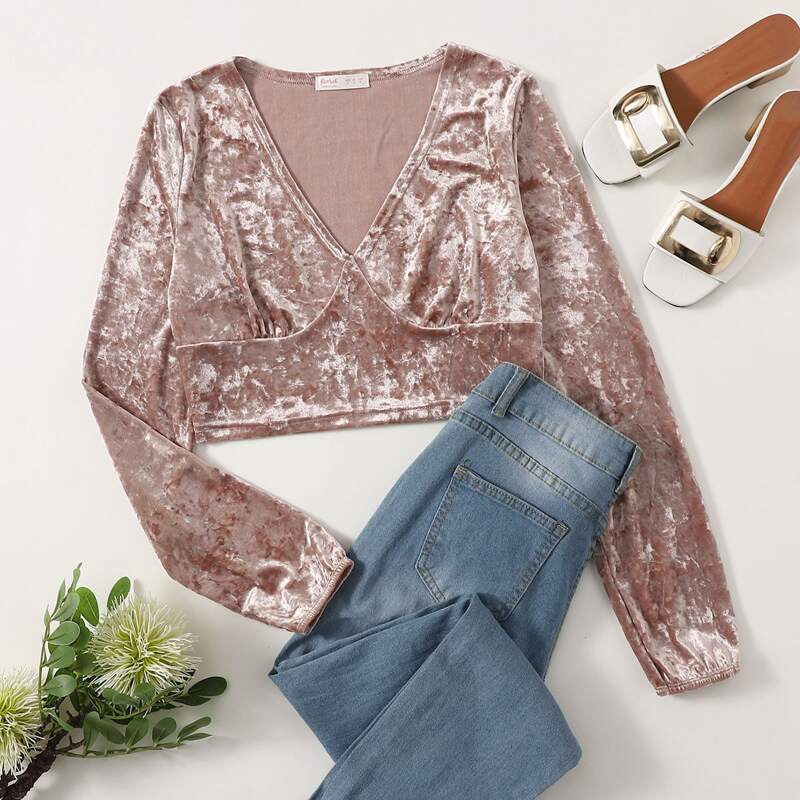 

V Neck Velvet Crop Top, Dusty pink