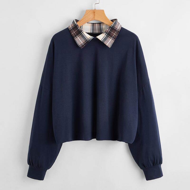 

Plaid-Collar Drop Shoulder Tee, Navy blue