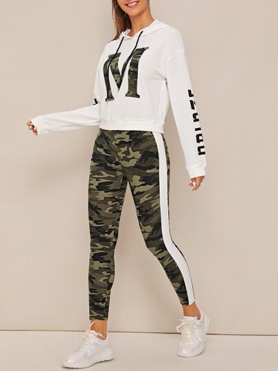 Letter And Camo Hoodie And Contrast Sideseam Leggings Set