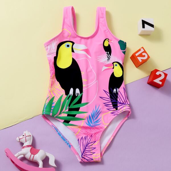 

Toddler Girls Bird & Leaf Print One Piece Swimsuit, Pink