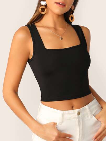 Tank top corto de canalé de cuello cuadrado