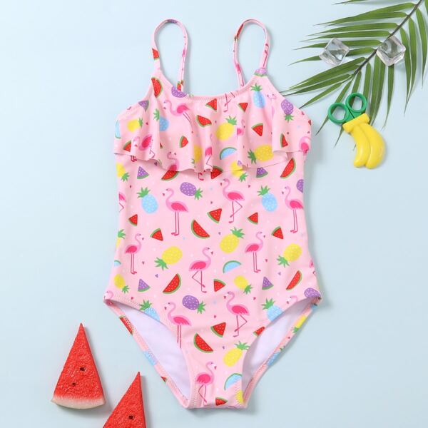 

Toddler Girls Flamingo & Fruit Print One Piece Swimsuit, Multicolor