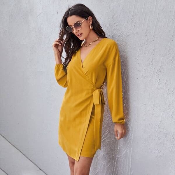 

Wrap Tie Side Drop Shoulder Dress, Mustard yellow