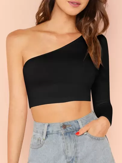 Black One Shoulder Crop Top