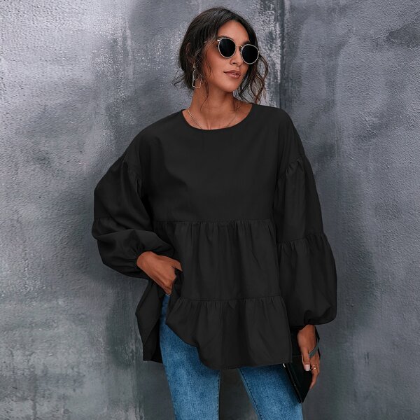 

Lantern Sleeve Smock Top, Black