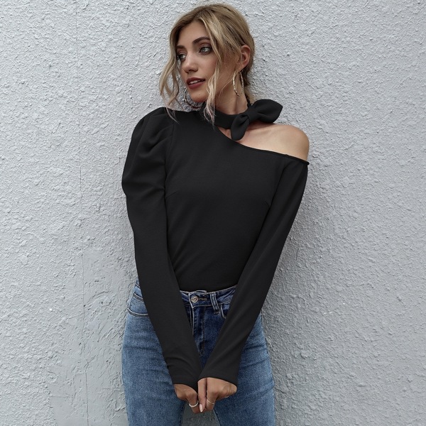 

Tie Neck Gigot Sleeve Top, Black