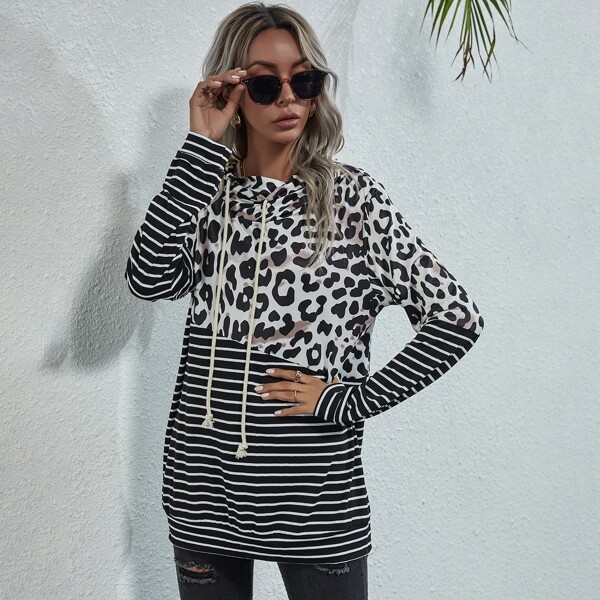 

Striped & Leopard Print Drawstring Hoodie, Multicolor